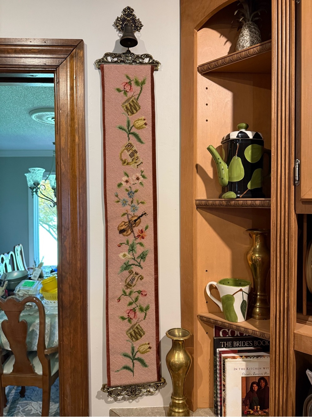 Vintage bell pull tapestry of musical instruments & flowers